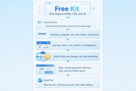Free kit course on HTML, CSS, and JS with a blue background
