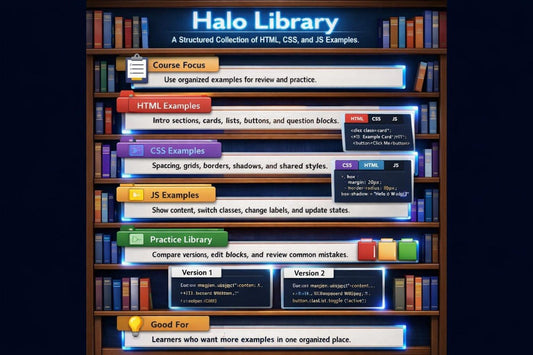 Halo Library interface with bookshelf design and text on a dark background