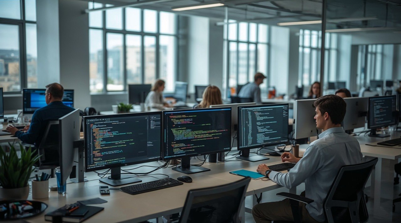 People working at desks with multiple computer monitors in a modern office setting.
