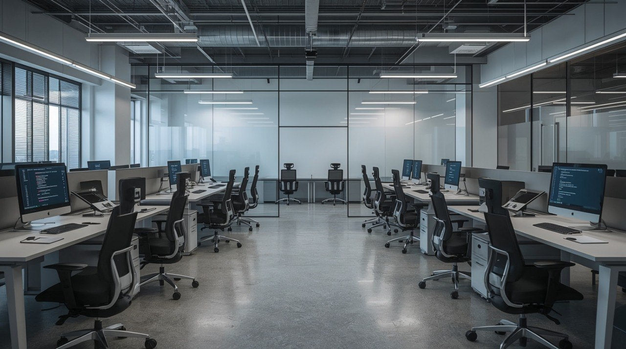 Modern office space with desks, chairs, and computer monitors.