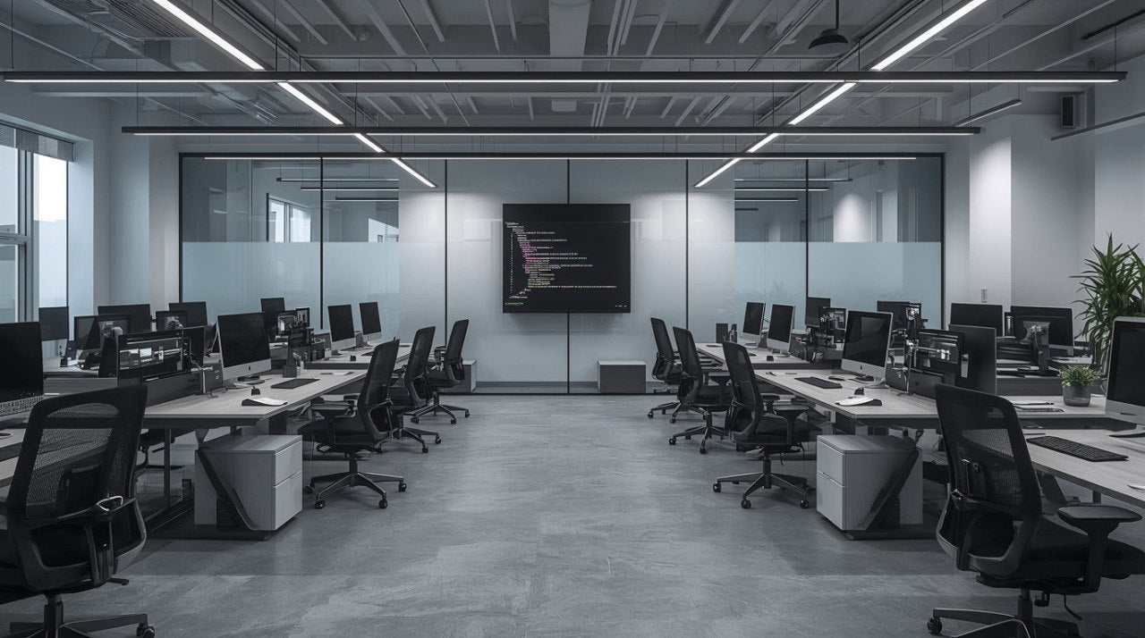 Modern office with rows of desks and chairs, large screen on the wall.