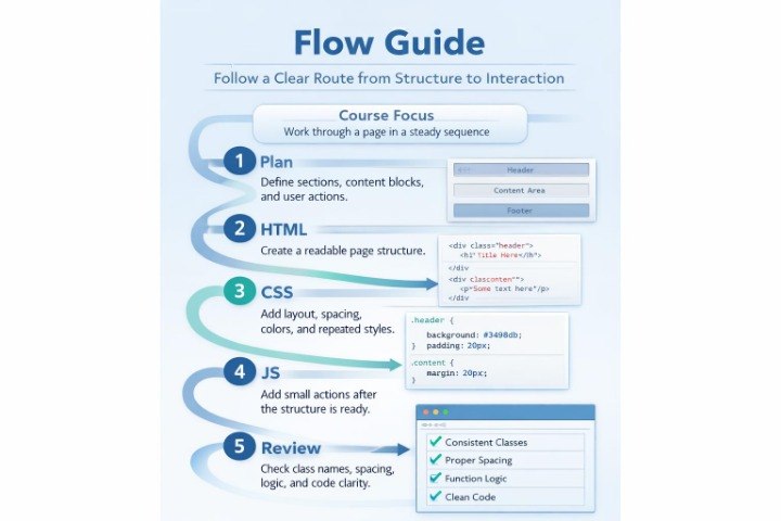 Flow guide for web development with steps from planning to reviewing code.