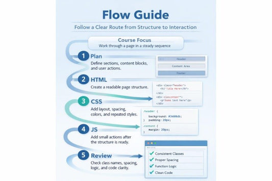 Flow guide for web development with steps from planning to reviewing code.