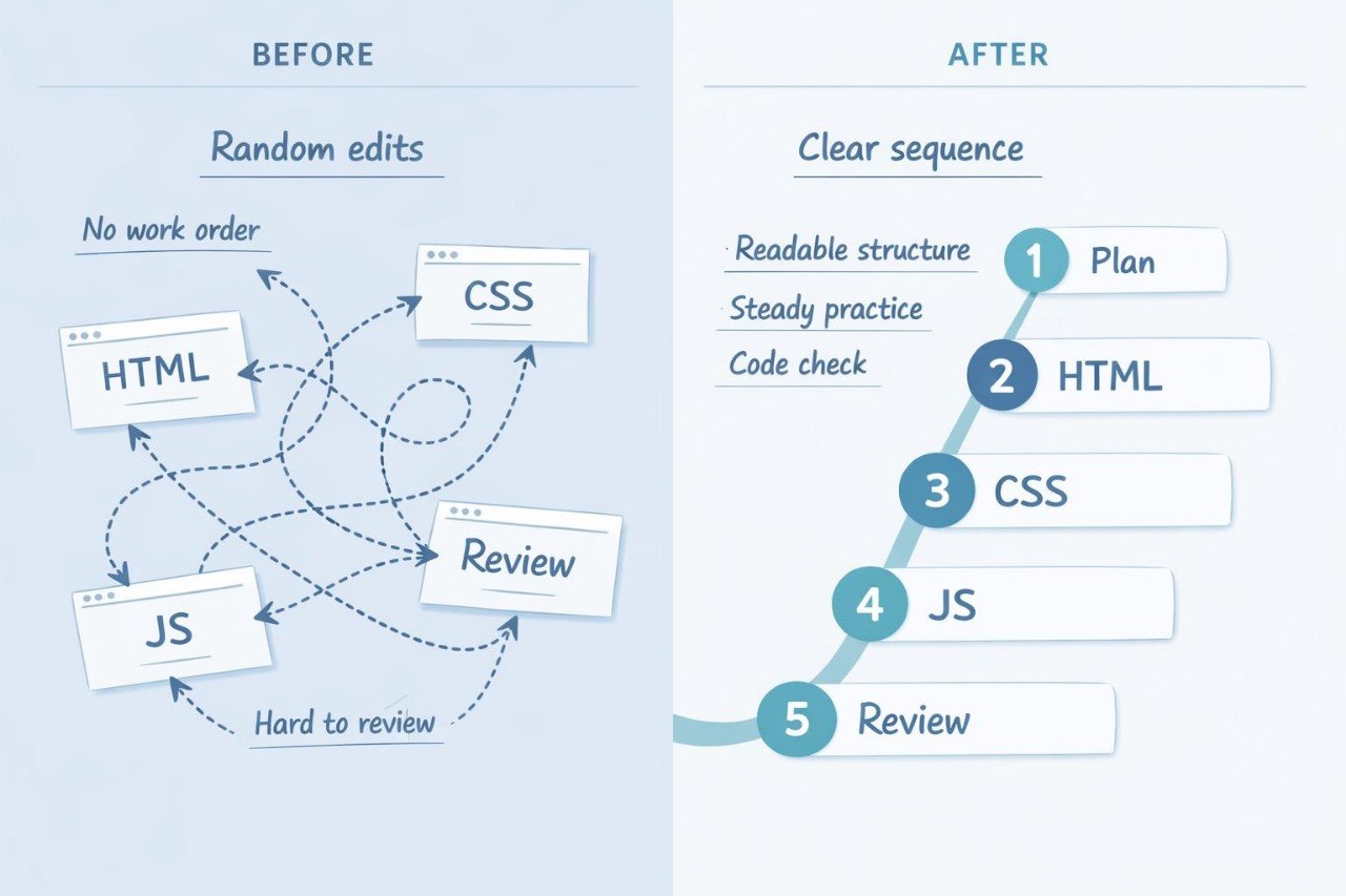 Comparison of random edits process to a clear sequence with steps labeled HTML, CSS, JS, and Review.