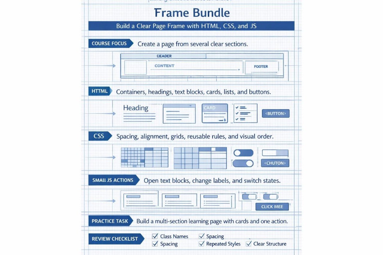 Instructional diagram on building a clear page frame with HTML, CSS, and JS