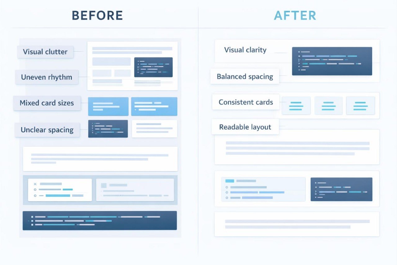 Comparison of a website layout 'Before' and 'After' with improved visual clarity and spacing.