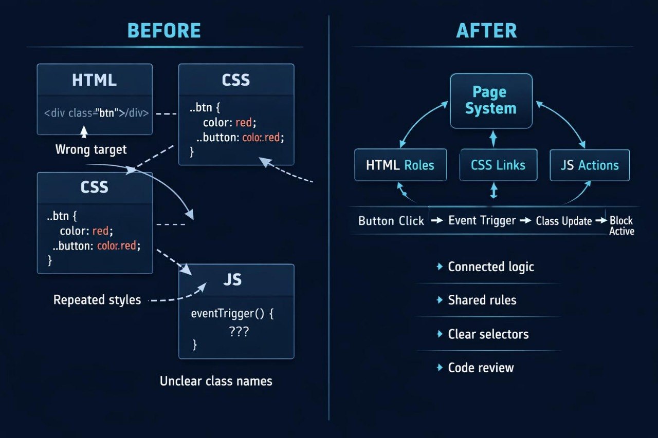 Diagram showing a before and after comparison of HTML, CSS, and JS code structure on a dark background.