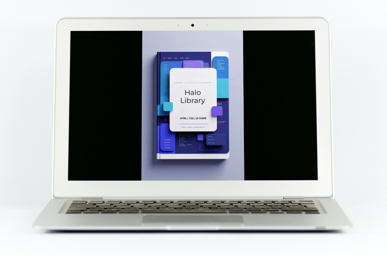 Laptop displaying a smartphone with 'Halo Library' app on a white background