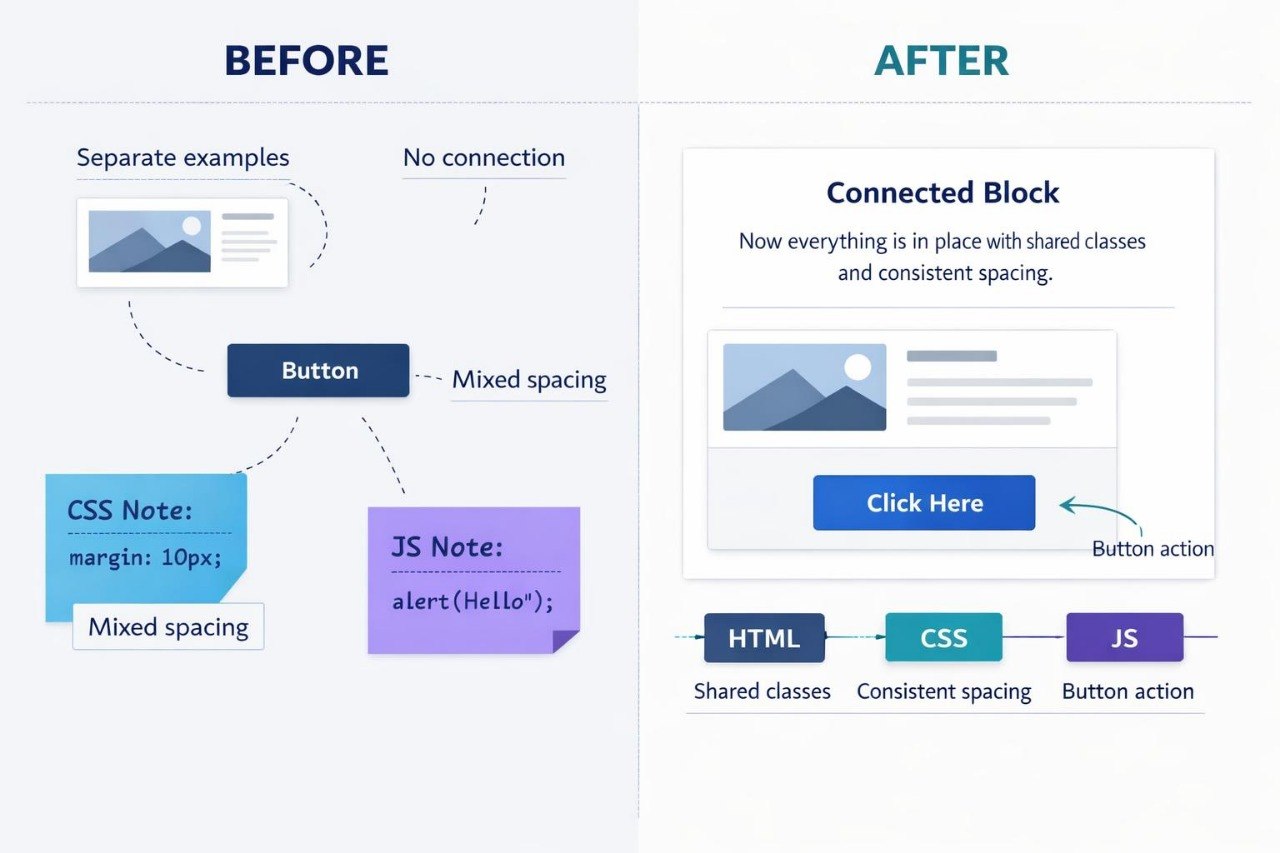 Comparison of 'Before' and 'After' design changes with CSS, JS, and HTML elements.