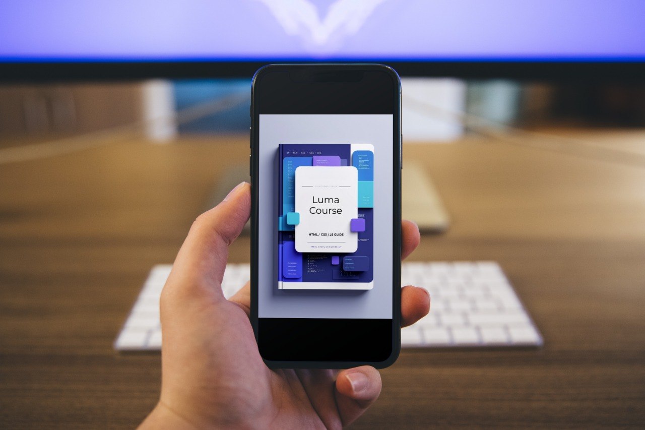 Hand holding a smartphone with a Luma Course app displayed, in front of a computer monitor and keyboard on a desk.