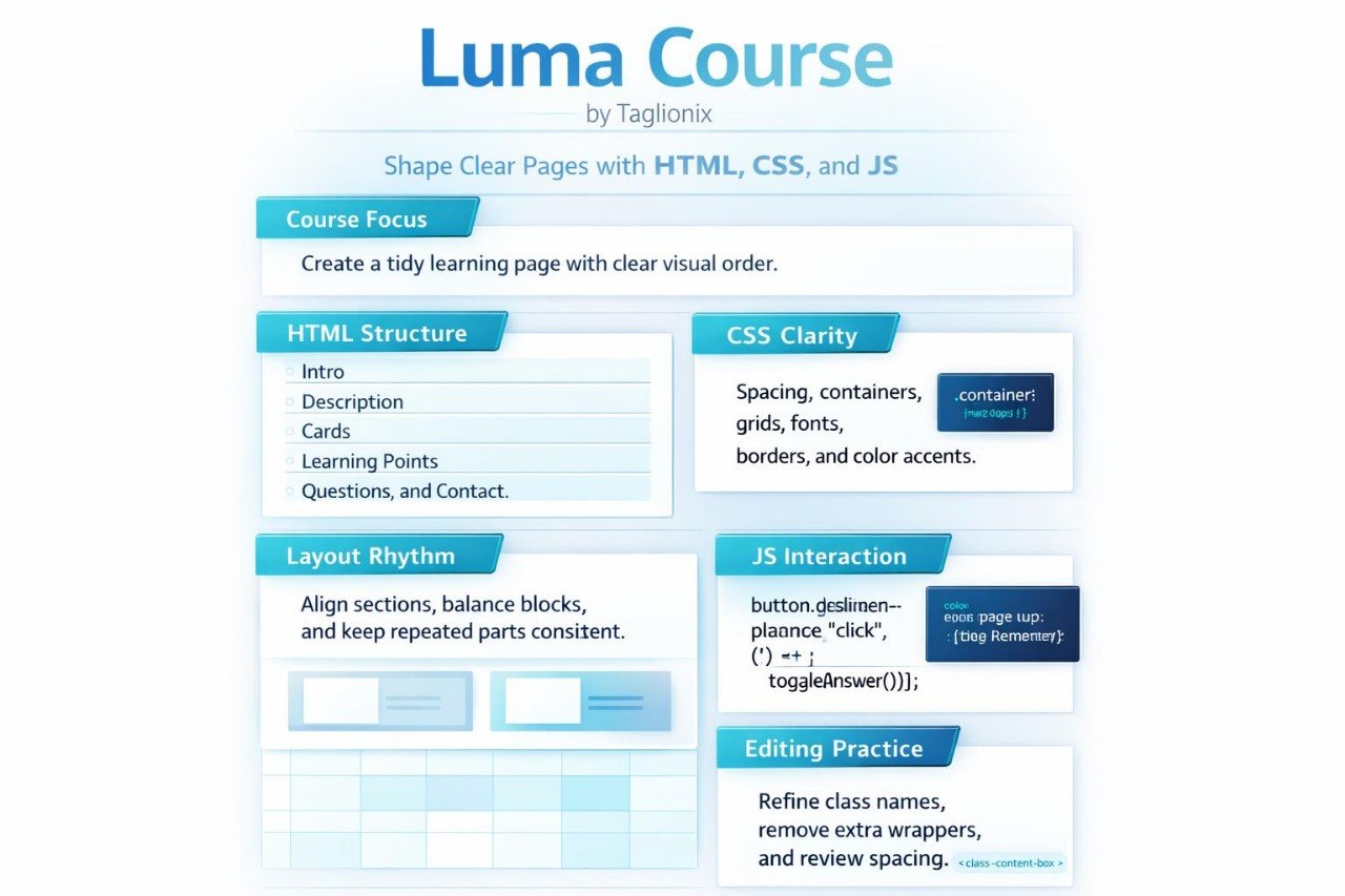 Luma Course by Taglionia webpage with course structure and topics.