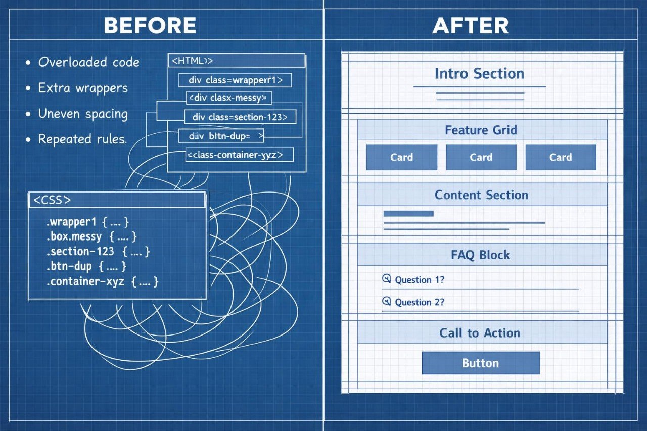 Blueprint-style comparison of HTML/CSS code structure before and after optimization.
