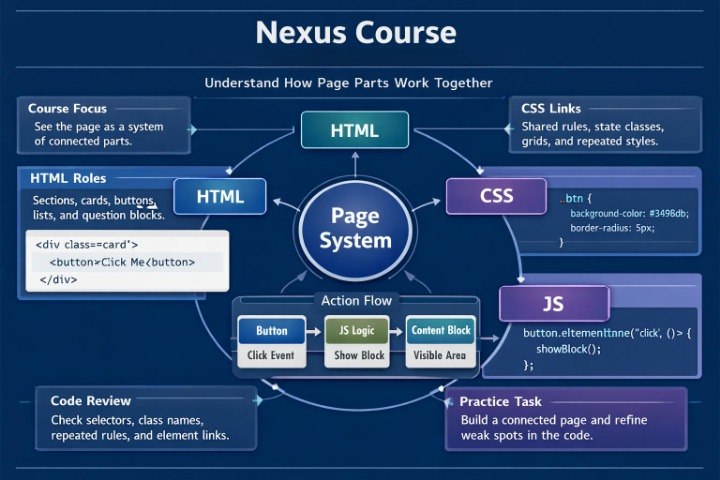 Diagram of a page system with HTML, CSS, and JS components on a blue background.