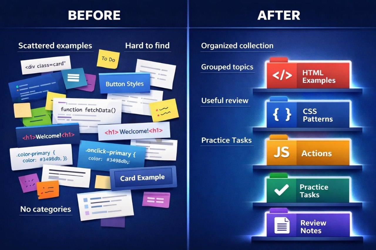Comparison of 'Before' and 'After' visualizations of organized and scattered examples on a blue background.