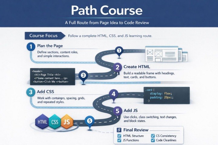 Diagram of a 'Path Course' for learning HTML, CSS, and JS with numbered steps and icons.