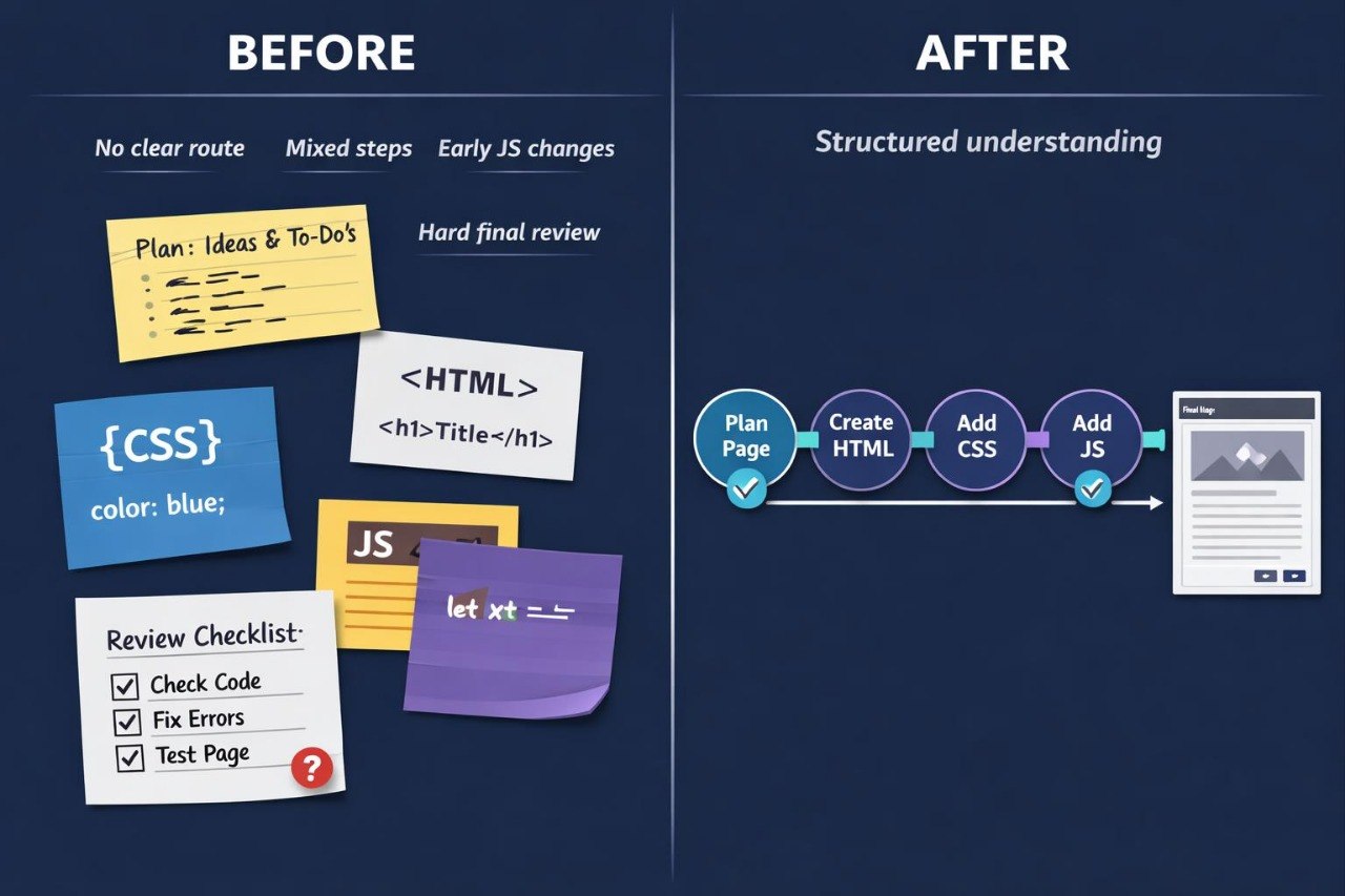 Before and after comparison of a project planning process with visual aids and text.