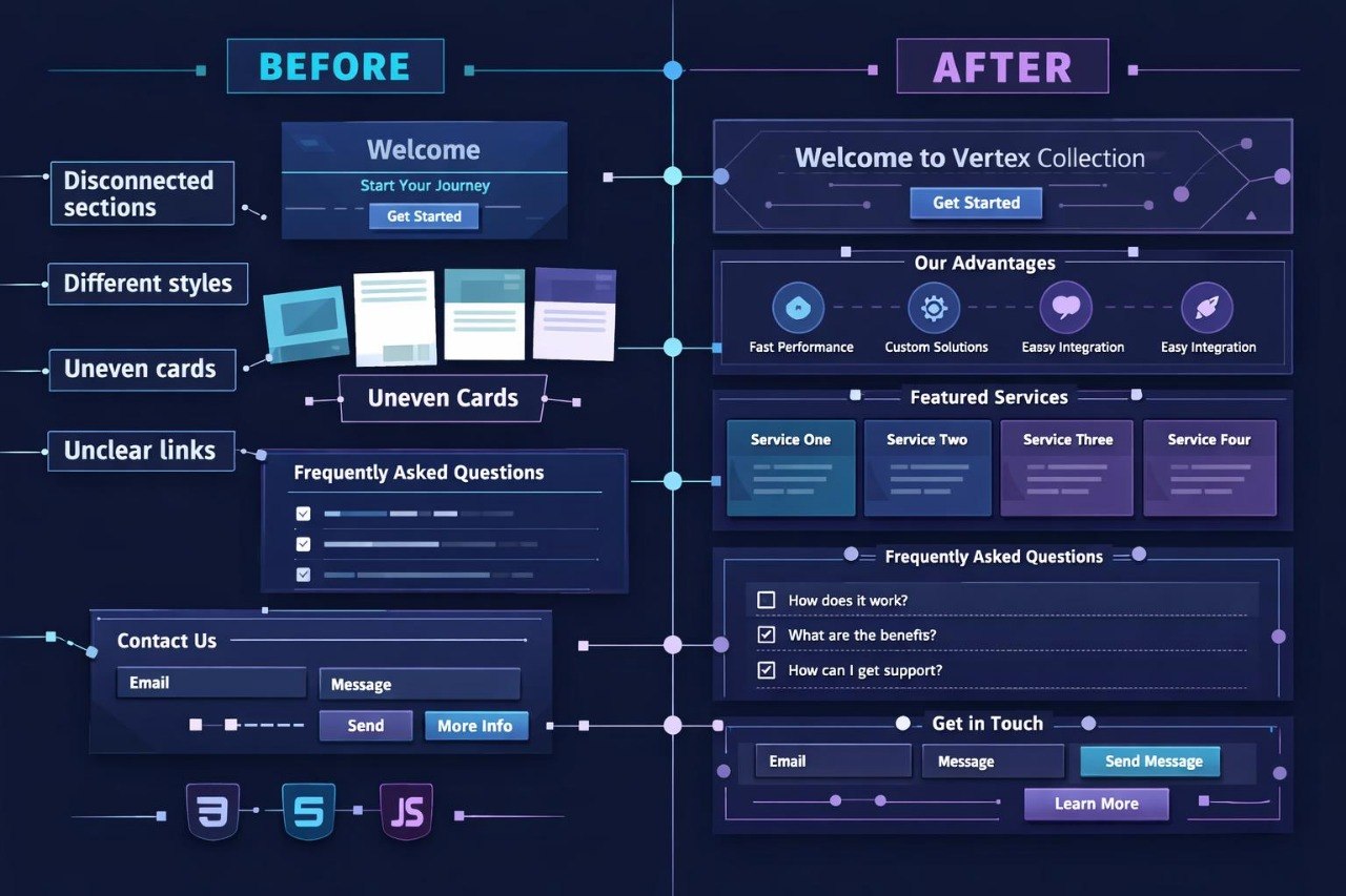 Before and after comparison of a website interface design on a dark background