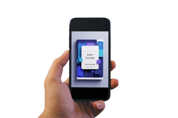 Hand holding a smartphone with an app displaying a 'Path Course' on a white background