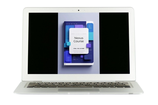 Laptop displaying a Nexus Course app on a white background